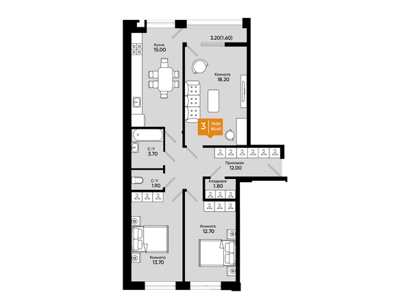 Планировка 3-комн 80,86 м²