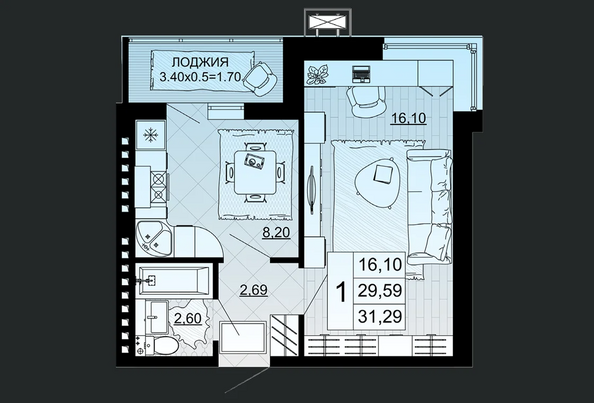 Планировка 1-комн 31,29 м²