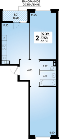 Планировка 2-комн 59,09 м²