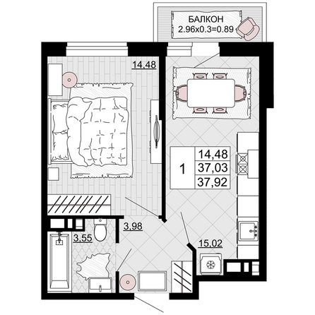 Планировка 1-комн 37,92 м²
