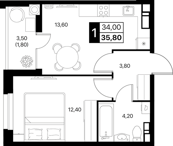 Планировка 1-комн 35,8, 36,2 м²