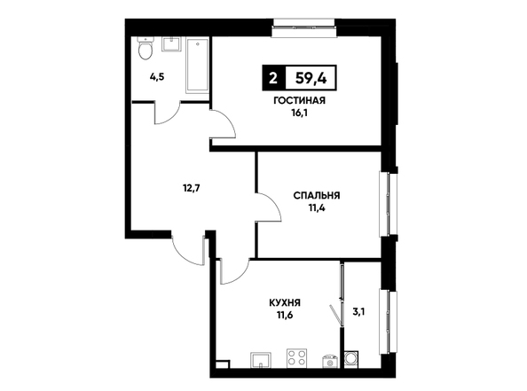 Планировка 2-комн 59,4 м²