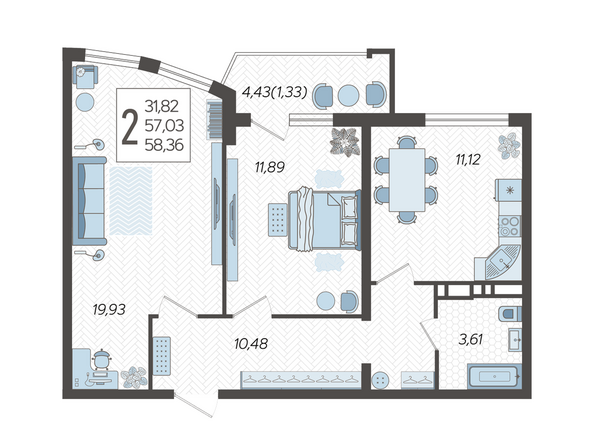 Планировка 2-комн 58,36 м²