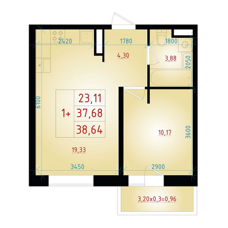 Планировка 1-комн 38,64 м²