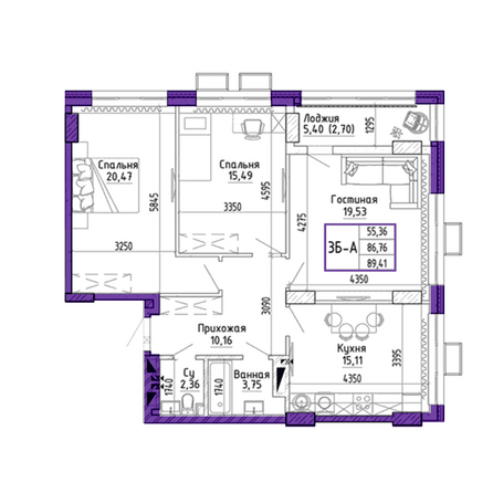 Планировка 3-комн 89,41 м²