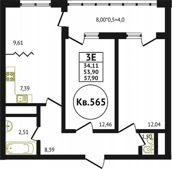 Планировка 2-комн 57,82 - 59 м²