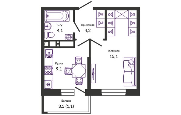 Планировка 1-комн 33,6 м²