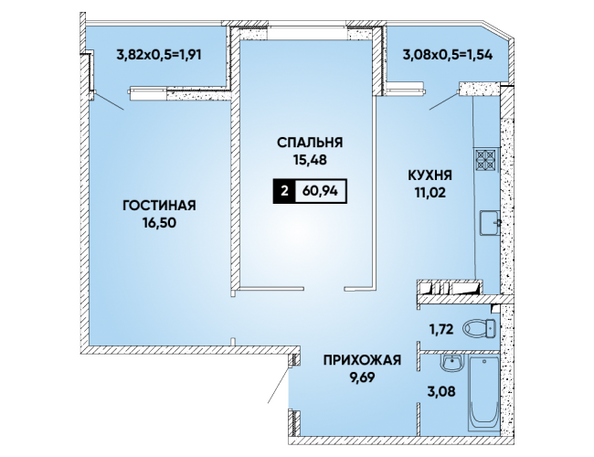 Планировка 2-комн 60,94 м²