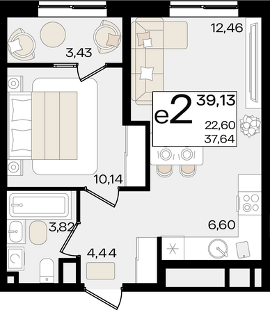 Планировка 2-комн 39,13 м²