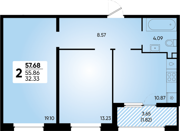 Планировка 2-комн 57,68 м²