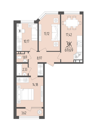 Планировка 3-комн 69,69 м²
