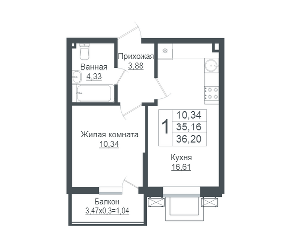Планировка 1-комн 36,2 м²