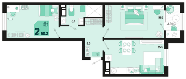 Планировка 2-комн 60,3 м²