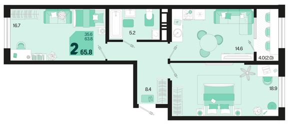 Планировка 2-комн 65,8, 66,7 м²