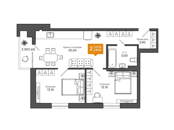 Планировка 2-комн 59,35 м²
