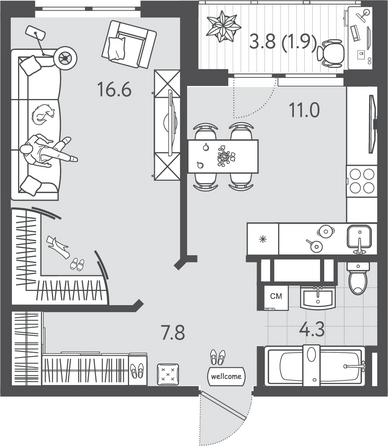 Планировка 1-комн 41,6 м²