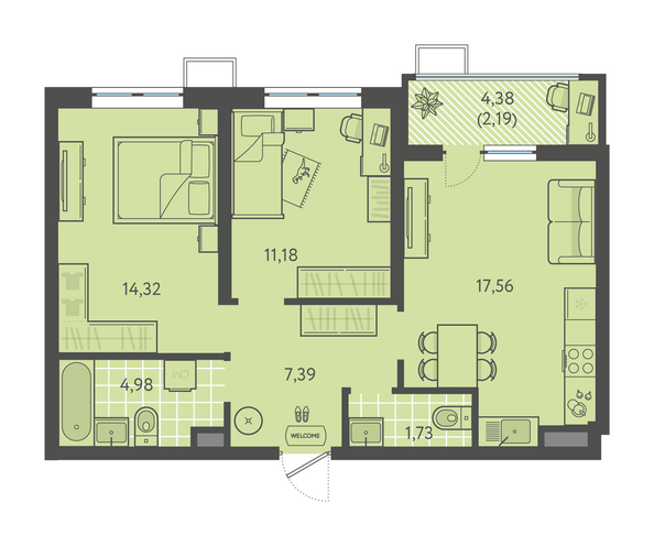 Планировка 2-комн 59,35 м²