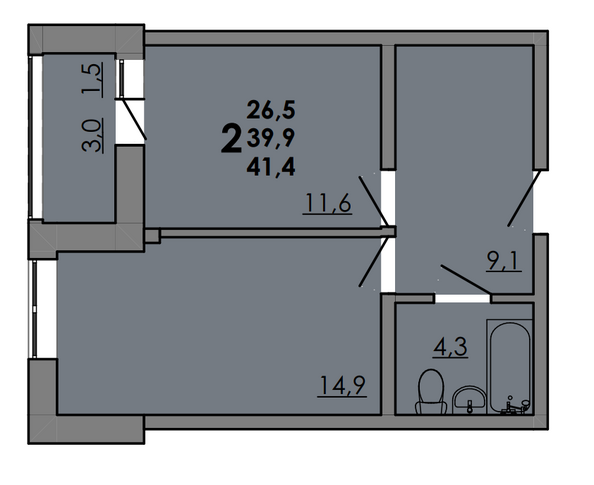 Планировка 2-комн 41,4 м²