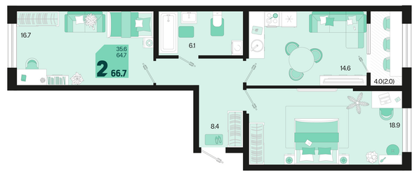 Планировка 2-комн 66,7 м²