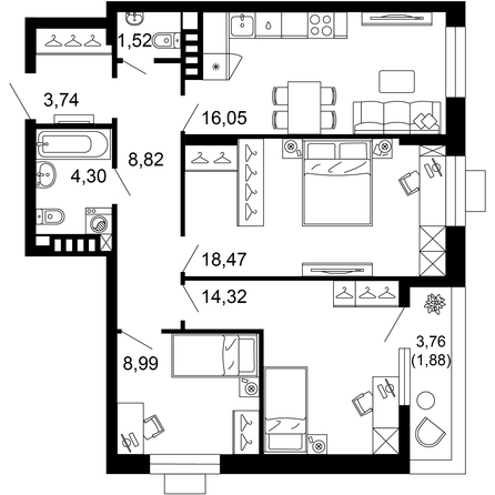 Планировка 3-комн 78,08 м²