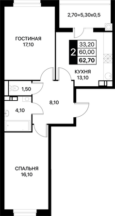 Планировка 2-комн 62,7, 63,4 м²