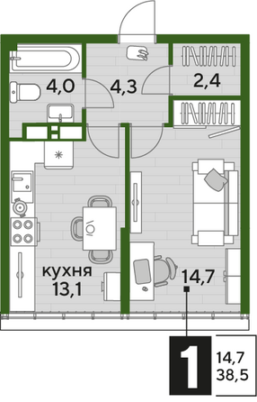 Планировка 1-комн 38,5 м²