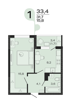 Планировка 1-комн 33,4 м²