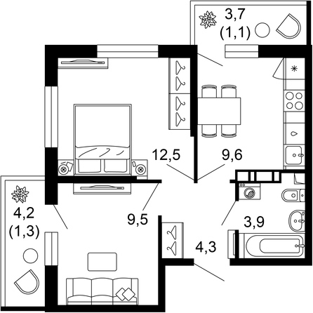 Планировка 2-комн 42,2 м²