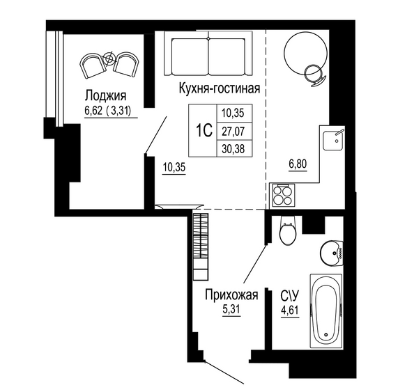 Планировка Студия 30,48 м²