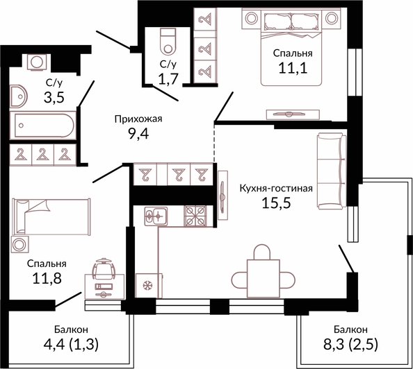 Планировка 2-комн 61,6 м²