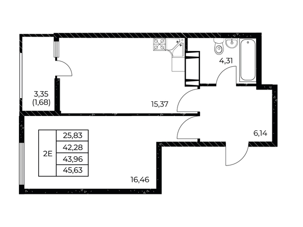 Планировка 1-комн 45,63 м²