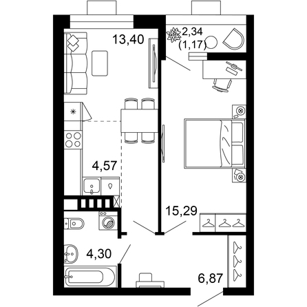 Планировка 2-комн 45,6 м²