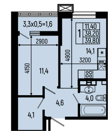 Планировка 1-комн 39,8 м²