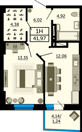 Планировка 1-комн 41,53 - 41,8 м²