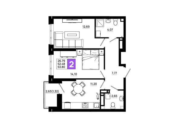 Планировка 2-комн 53,8 м²
