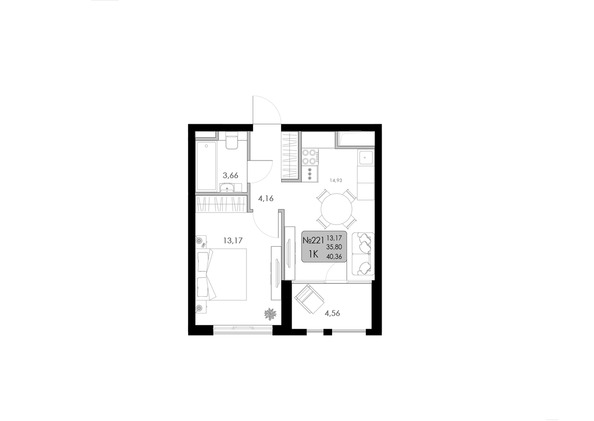 Планировка 1-комн 40,36 м²