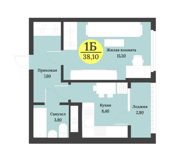 Планировка 1-комн 38,1 м²