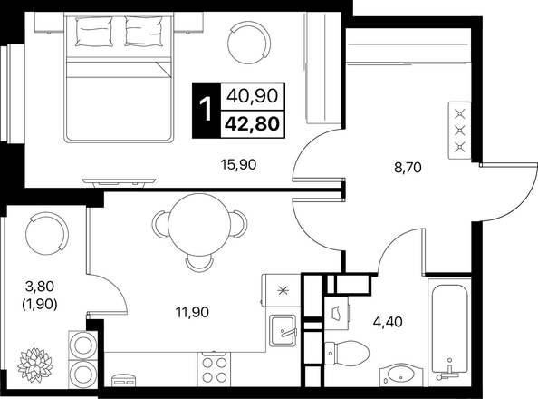 Планировка 1-комн 42,8 - 43,7 м²