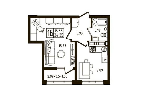 Планировка 1-комн 34,4 м²