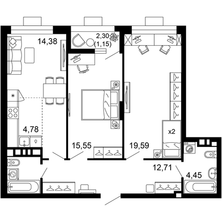 Планировка 3-комн 72,61 м²