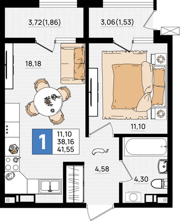 Планировка 1-комн 41,55 м²