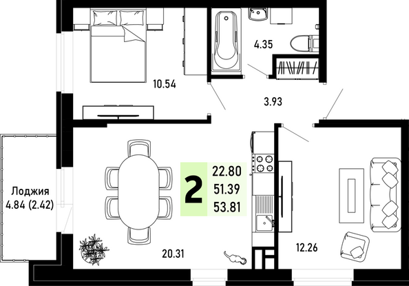 Планировка 2-комн 53,81 м²