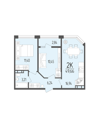 Планировка 2-комн 49,66 м²