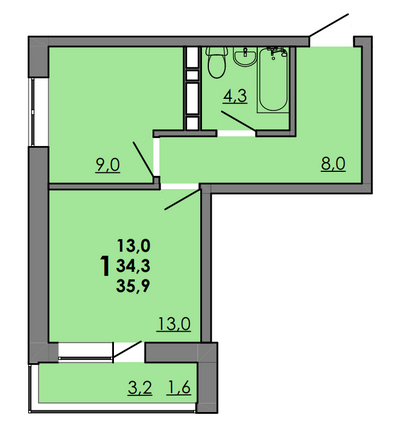 Планировка 1-комн 35,9 м²