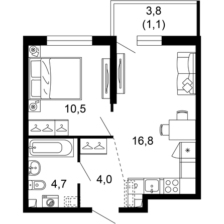 Планировка 1-комн 36,5 - 37,1 м²