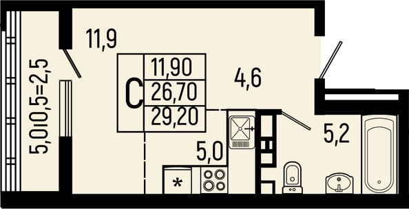 Планировка Студия 29,2, 29,7 м²