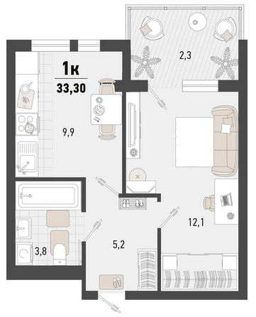 Планировка 1-комн 33,3 м²