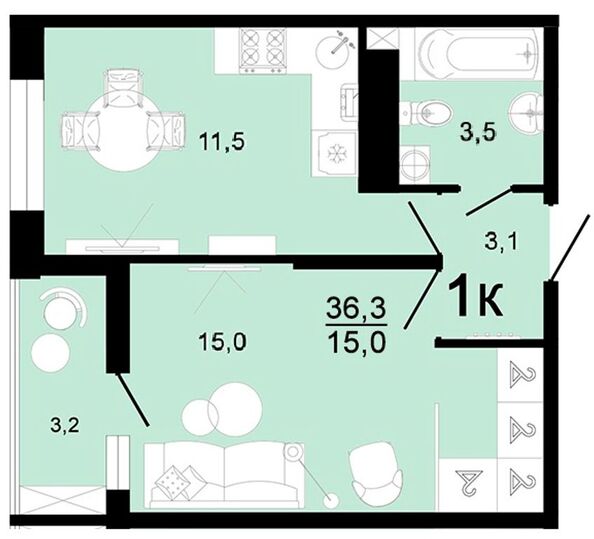 Планировка 1-комн 36,3, 37 м²