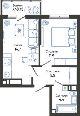 Планировка 1-комн 37 - 38 м²