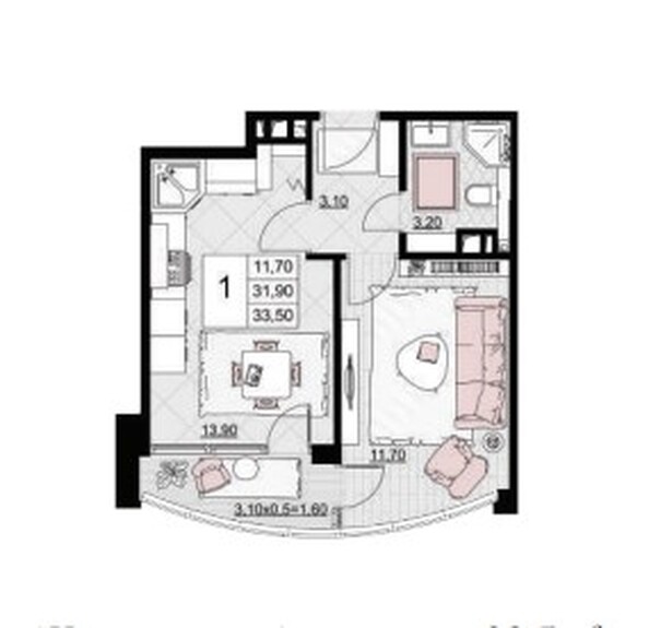 Планировка 1-комн 33,5 м²